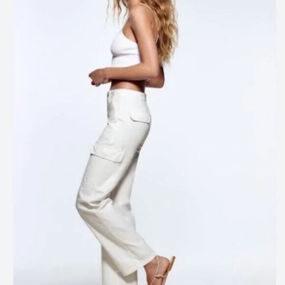 Zara CRISP! White Cotton High Waist Cargo Pants 0 - Picture 2 of 7